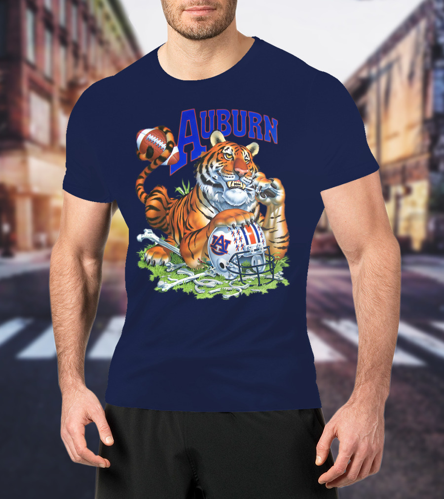 Auburn Tigers Football Tiger Holding Helmet With Bones And Football T-Shirt