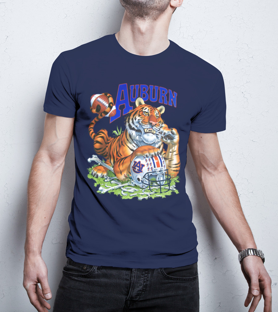 Auburn Tigers Football Tiger Holding Helmet With Bones And Football T-Shirt