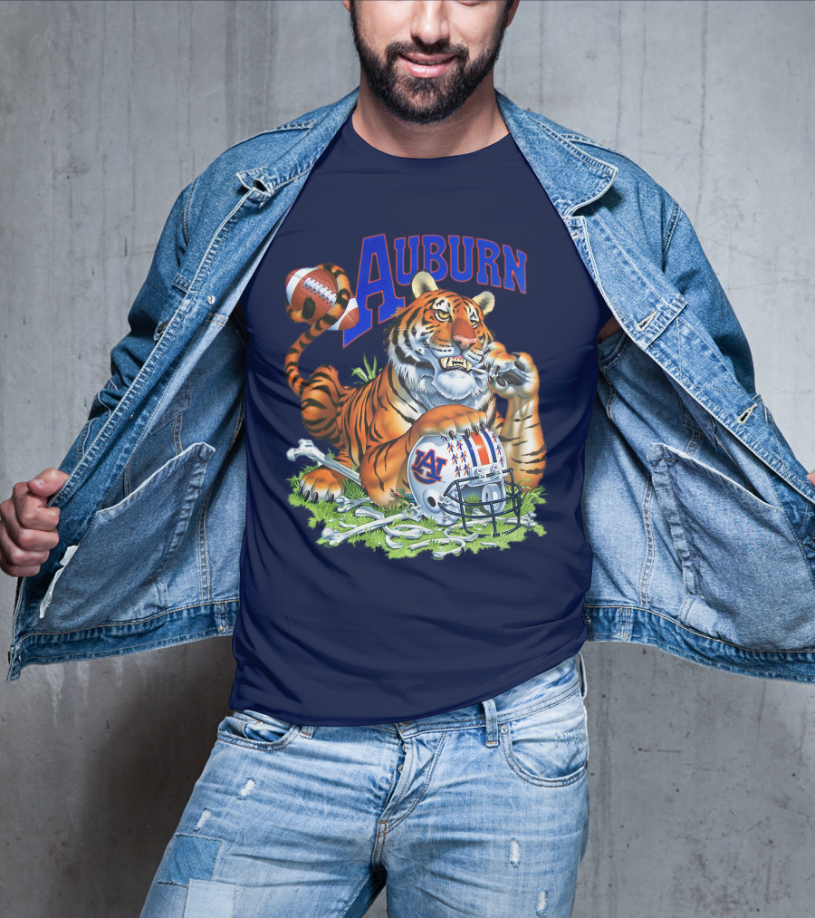 Auburn Tigers Football Tiger Holding Helmet With Bones And Football T-Shirt