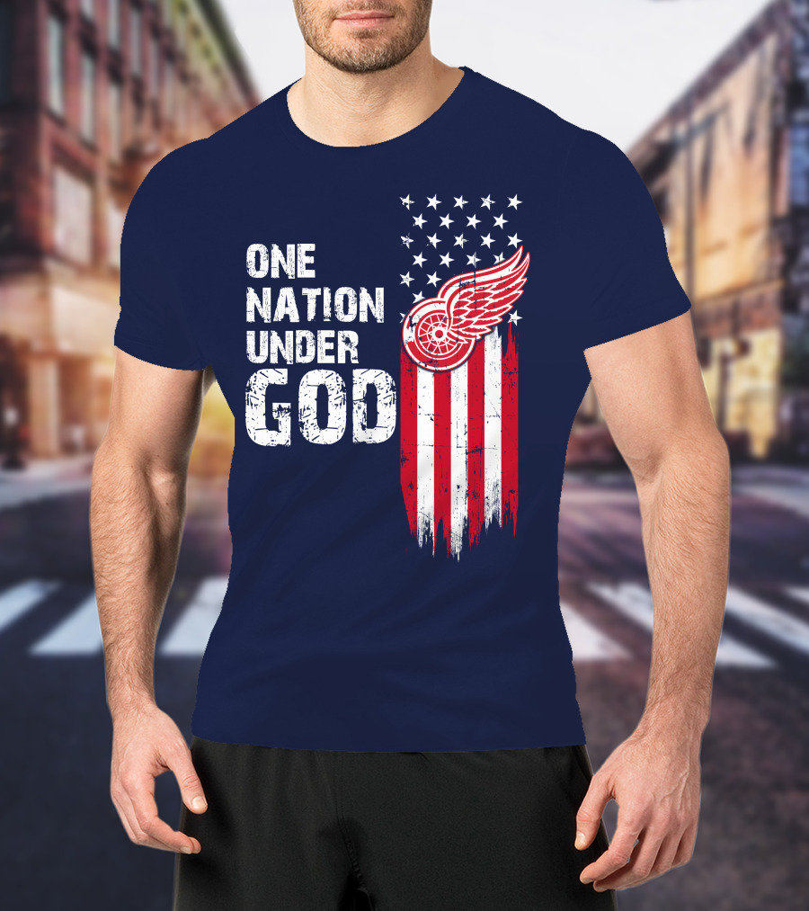 One Nation Under God Detroit Redwings American Flag Stars And Stripes T-Shirt