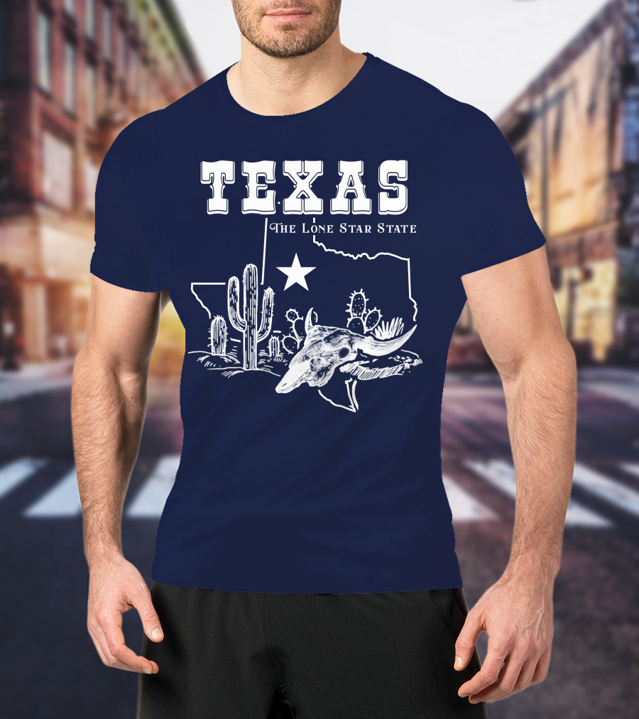 Texas The Lone Star State Map Outline With Cactus And Bull Skull T-Shirt