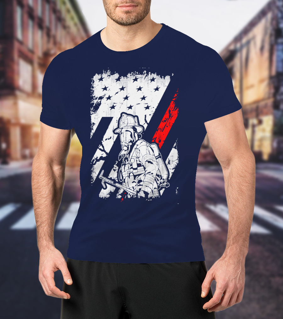 The Firefighters American Flag Tribute Heroic Firefighter With Axe And Stars And Stripes T-Shirt