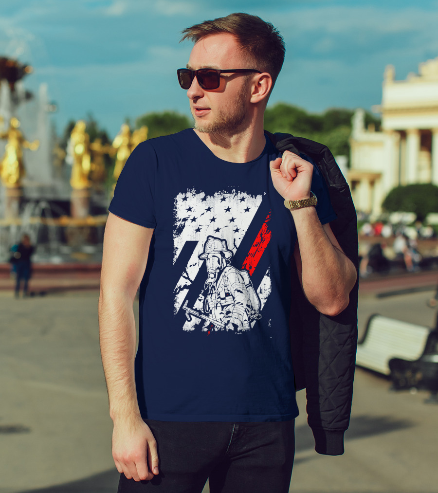 The Firefighters American Flag Tribute Heroic Firefighter With Axe And Stars And Stripes T-Shirt