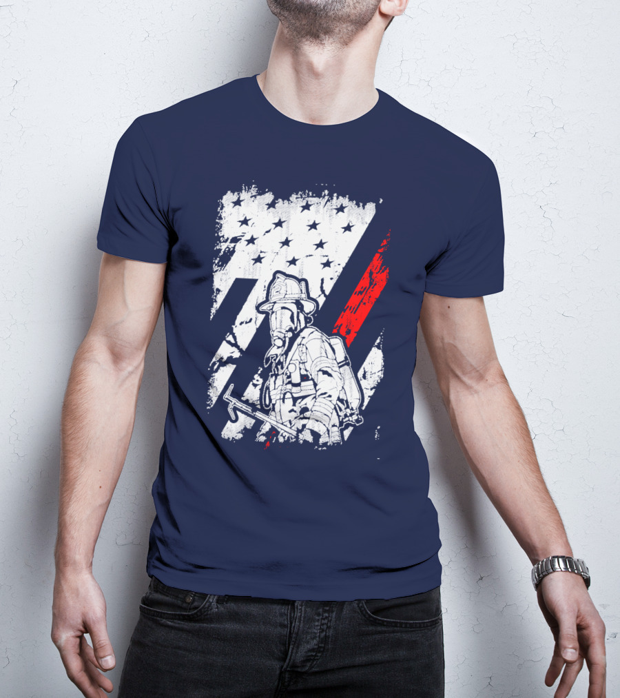 The Firefighters American Flag Tribute Heroic Firefighter With Axe And Stars And Stripes T-Shirt