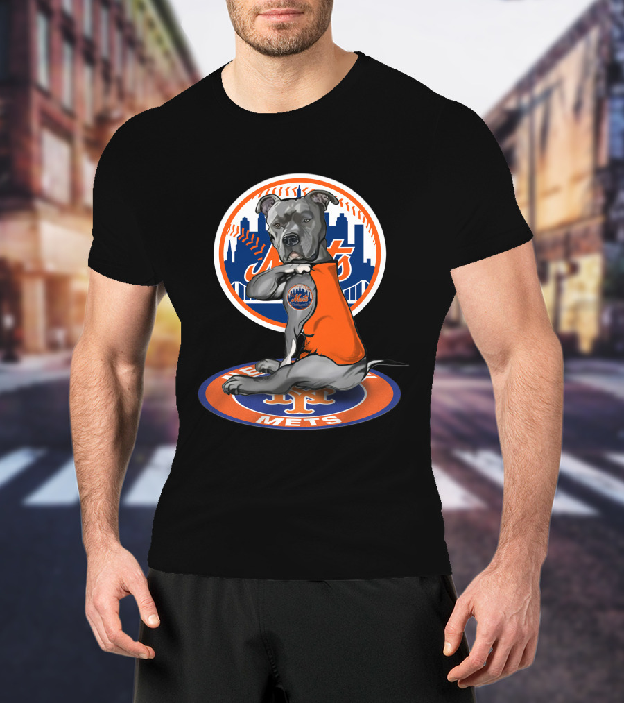 New York Mets Dog In Orange Shirt With Team Logo And Skyline T-Shirt