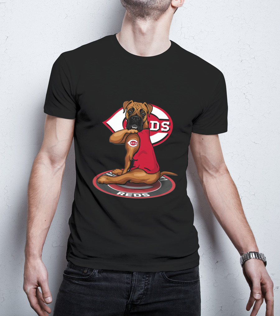 Cincinnati Reds Dog With Logo And Jersey Sitting On Reds T-Shirt