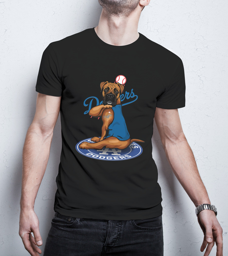 Los Angeles Dodgers Boxer Dog With Baseball And Logo Elements T-Shirt