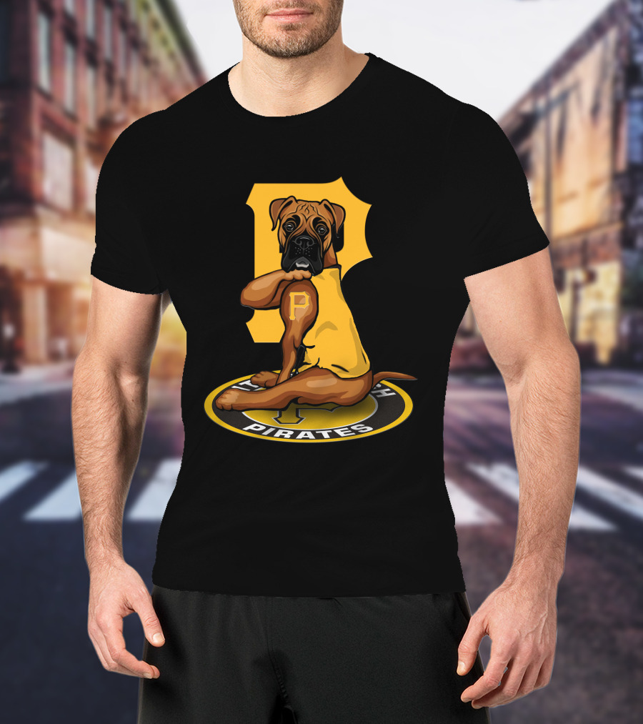 Pittsburgh Pirates Boxer Dog In Yellow Jersey With Vintage T-Shirt