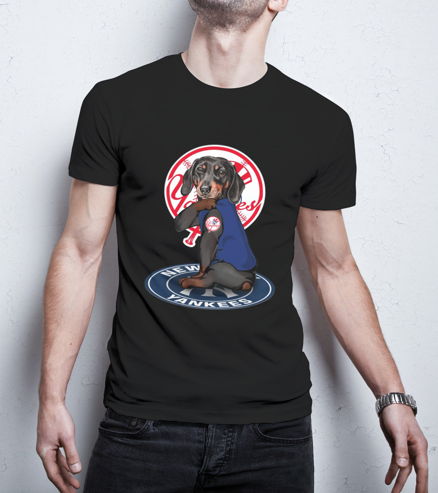 Yankees Dachshund In New York Yankees Logo With Baseball Elements T-Shirt