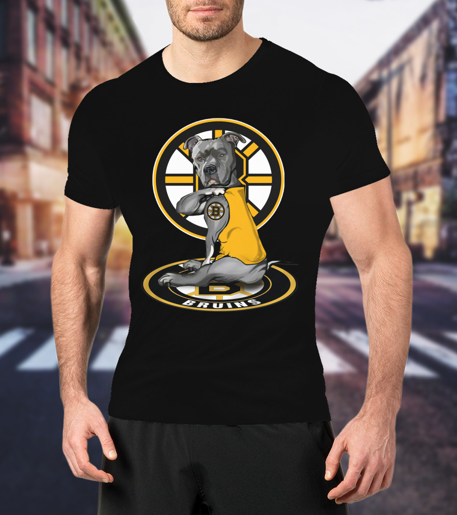 Boston Bruins Dog With Yellow Jersey And Hockey T-Shirt