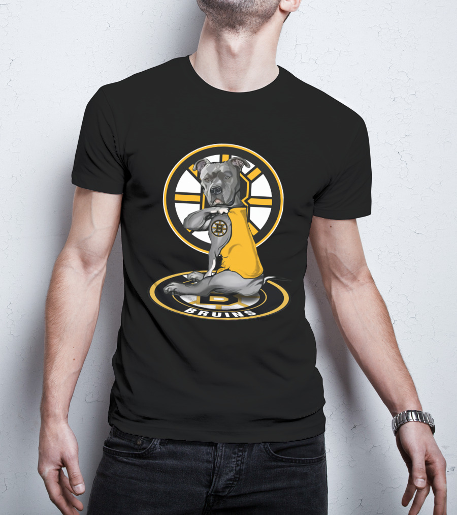 Boston Bruins Dog With Yellow Jersey And Hockey T-Shirt