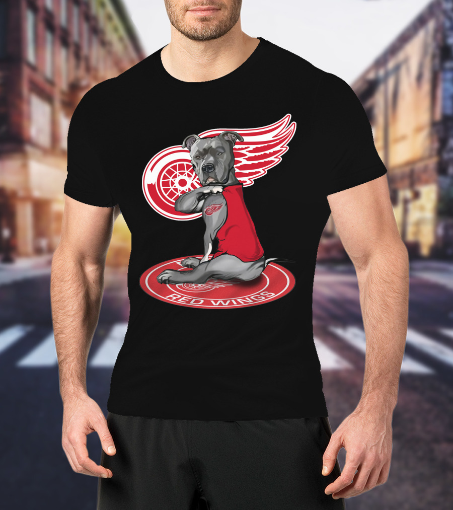 Detroit Red Wings Dog With Logo Wings And Red Vest T-Shirt