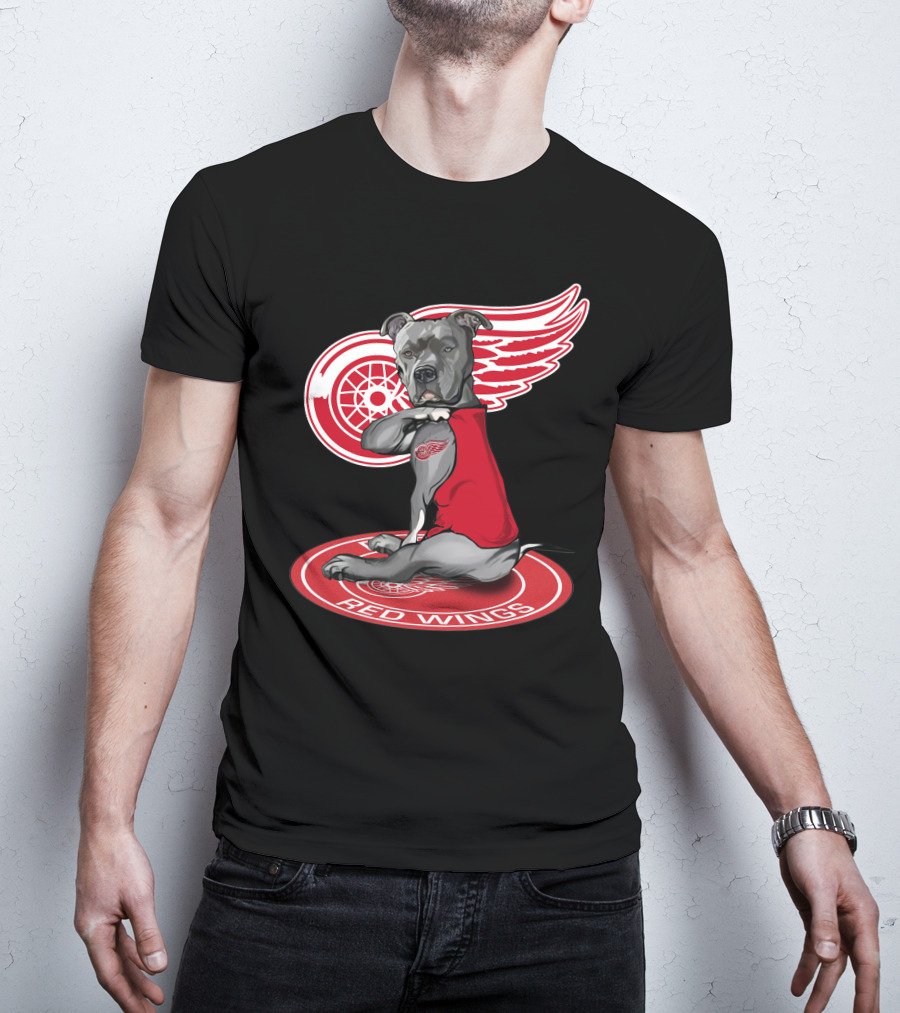 Detroit Red Wings Dog With Logo Wings And Red Vest T-Shirt