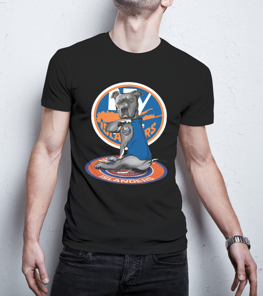 NY Islanders Dog Wearing Team Logo With Circular Orange T-Shirt