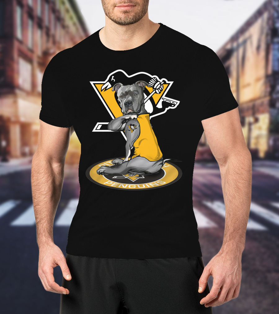 Pittsburgh Penguins Dog In Yellow Jersey With Hockey Stick T-Shirt