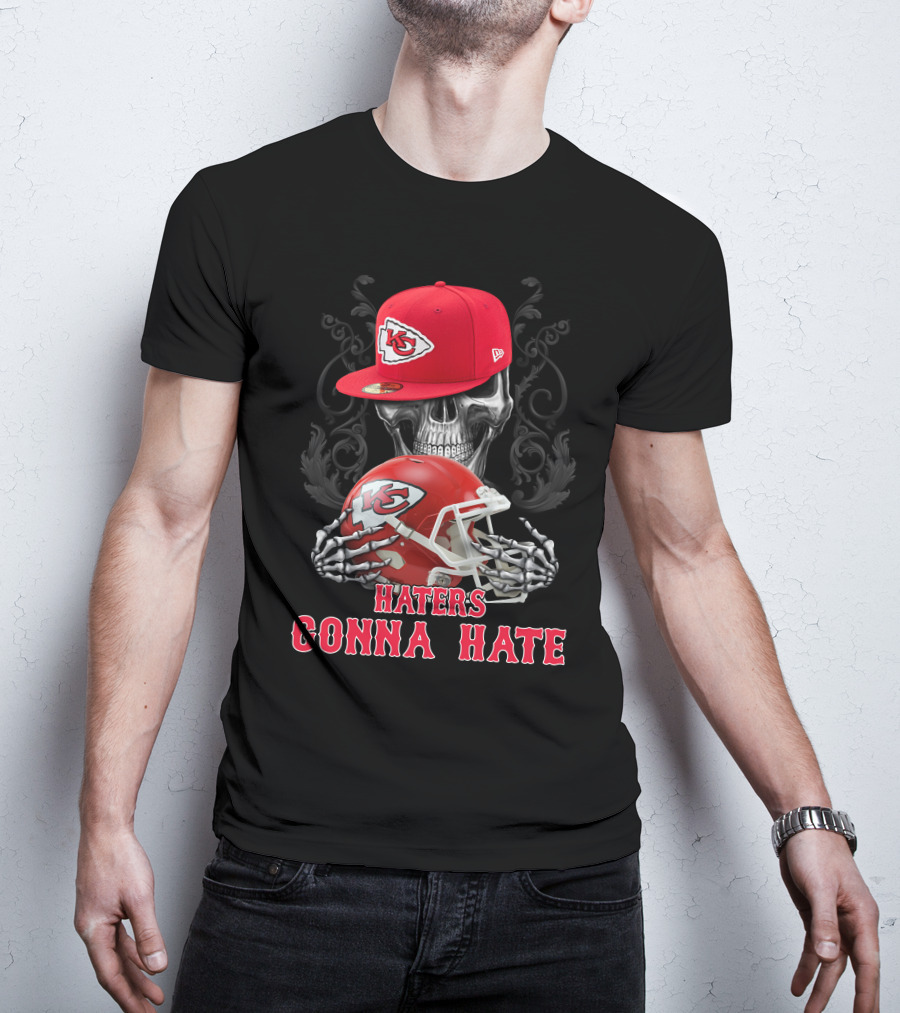 Kansas City Chiefs Haters Gonna Hate Skull With Cap And Helmet T-Shirt