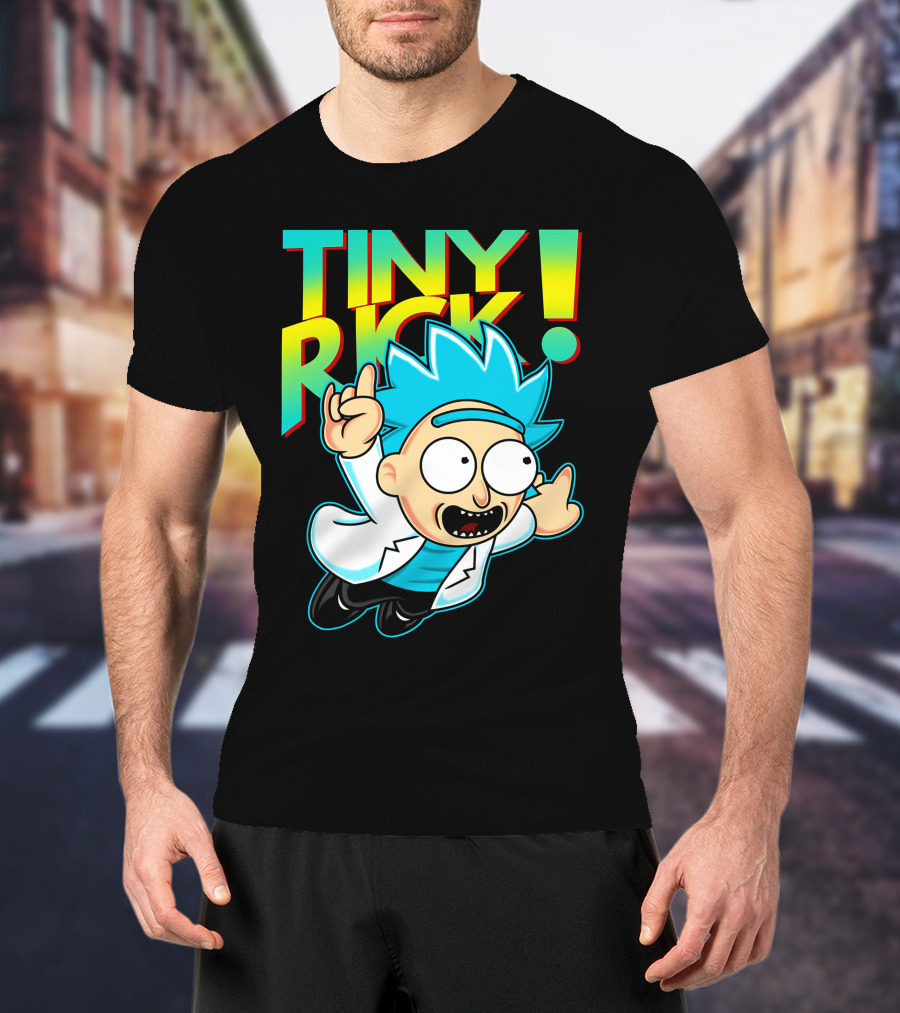 Tiny Rick Flying Character With Blue Hair And White Lab Coat T-Shirt