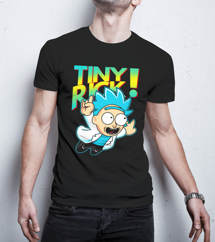 Tiny Rick Flying Character With Blue Hair And White Lab Coat T-Shirt