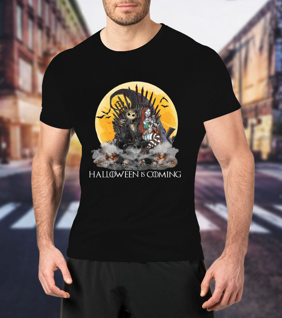 Halloween Is Coming With Skeleton King And Gothic Queen Throne Moon Bats Skulls T-Shirt