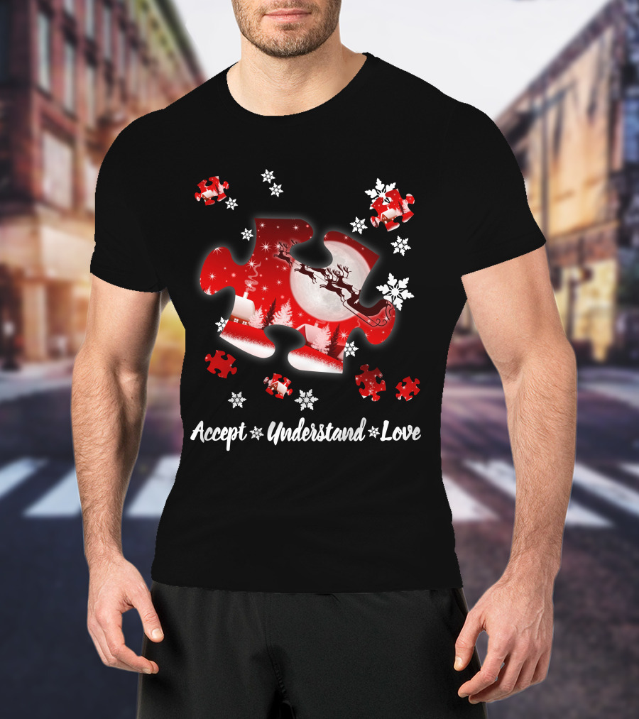 Accept Understand Love Autism Puzzle Christmas Snowflakes Santa Sleigh T-Shirt