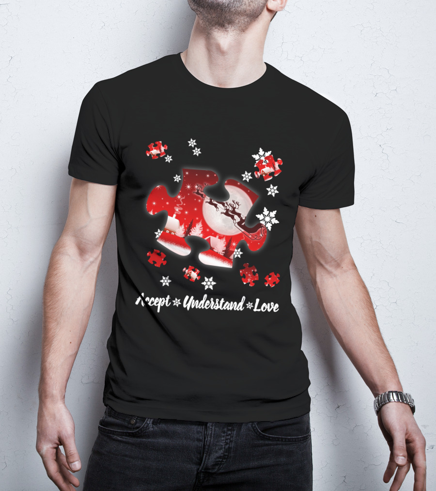 Accept Understand Love Autism Puzzle Christmas Snowflakes Santa Sleigh T-Shirt