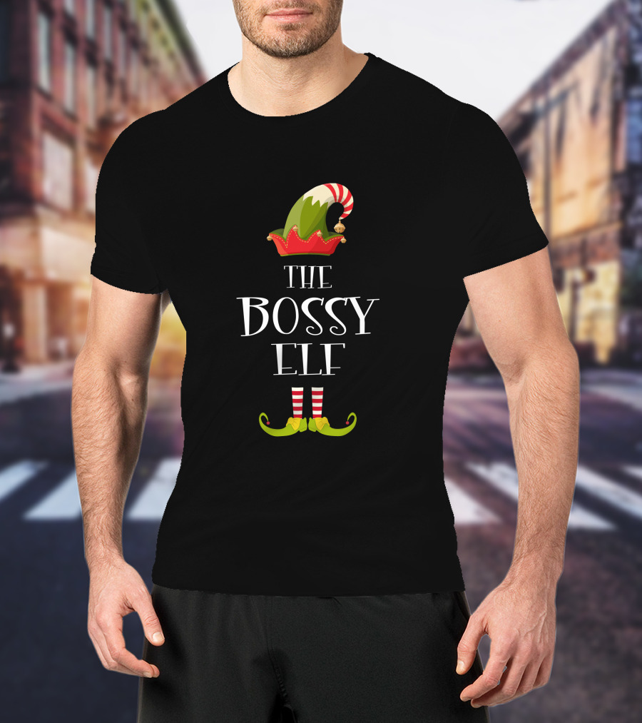 The Bossy Elf Hat And Striped Shoes Christmas T-Shirt