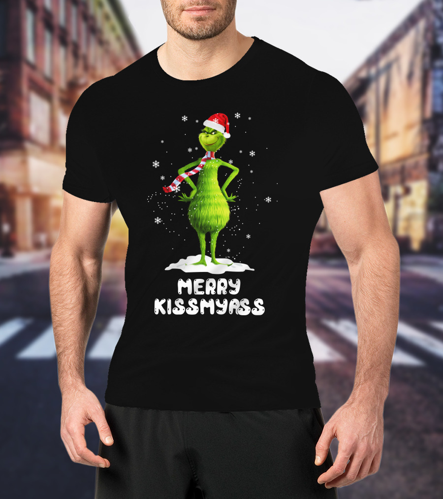 Merry KissMyAss Grinch Santa Hat Scarf Snowflakes T-Shirt