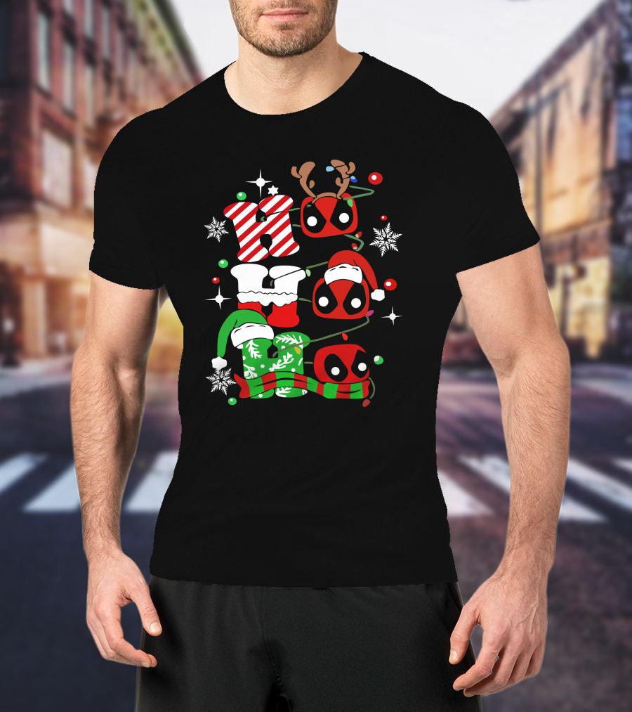 Deadpool Ho Ho Ho Christmas Reindeer Antlers Santa Hat Snowflakes T-Shirt