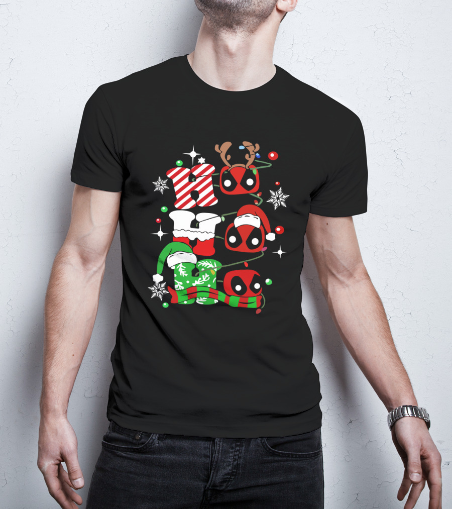 Deadpool Ho Ho Ho Christmas Reindeer Antlers Santa Hat Snowflakes T-Shirt
