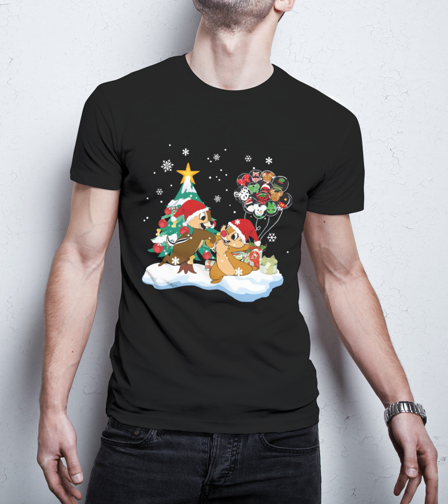Chip And Dale Christmas Tree Santa Hats Snowflakes Balloons T-Shirt