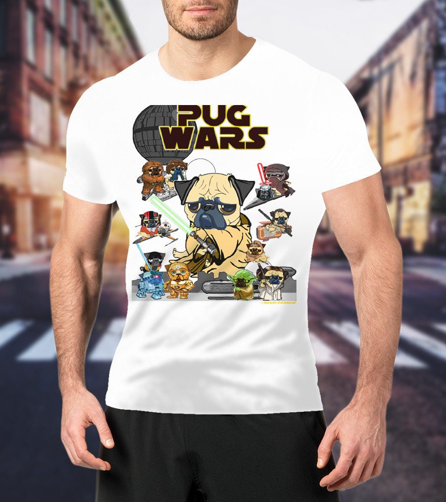 Pug Wars Star Parody With Iconic Characters And Spaceships T-Shirt