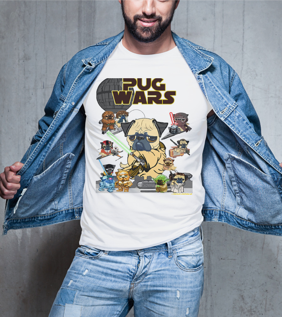 Pug Wars Star Parody With Iconic Characters And Spaceships T-Shirt