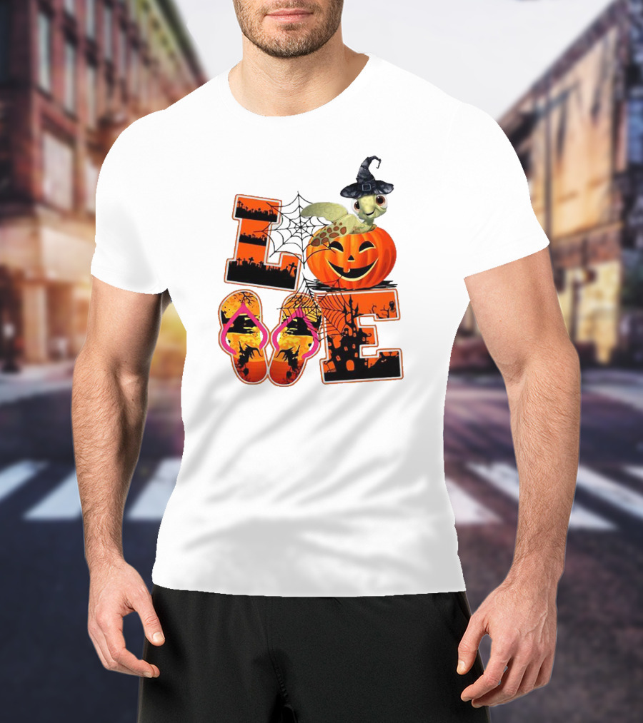 Halloween Love Turtle Pumpkin Spider Web Flip Flops T-Shirt