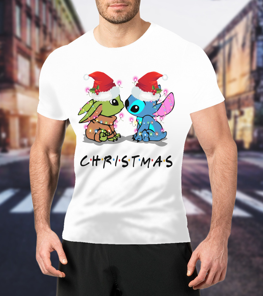 Yoda And Stitch Christmas Santa Hats Holiday Lights T-Shirt