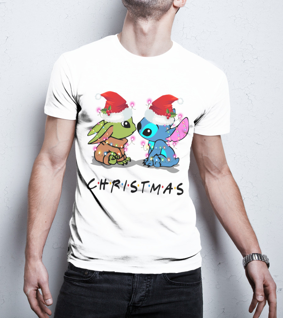 Yoda And Stitch Christmas Santa Hats Holiday Lights T-Shirt