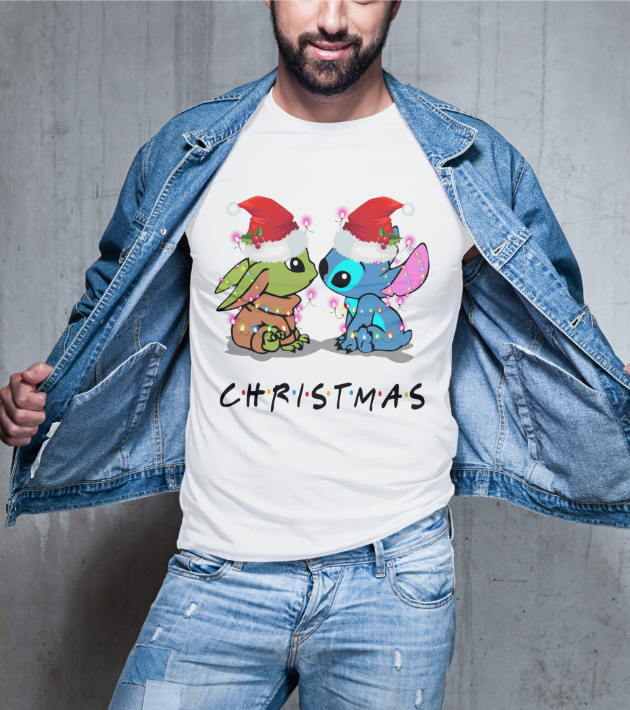 Yoda And Stitch Christmas Santa Hats Holiday Lights T-Shirt