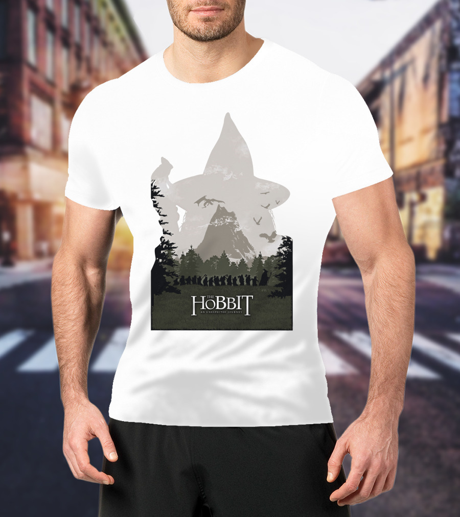 The Hobbit An Unexpected Journey Silhouette Scene With Gandalf Hat And Forest Background T-Shirt