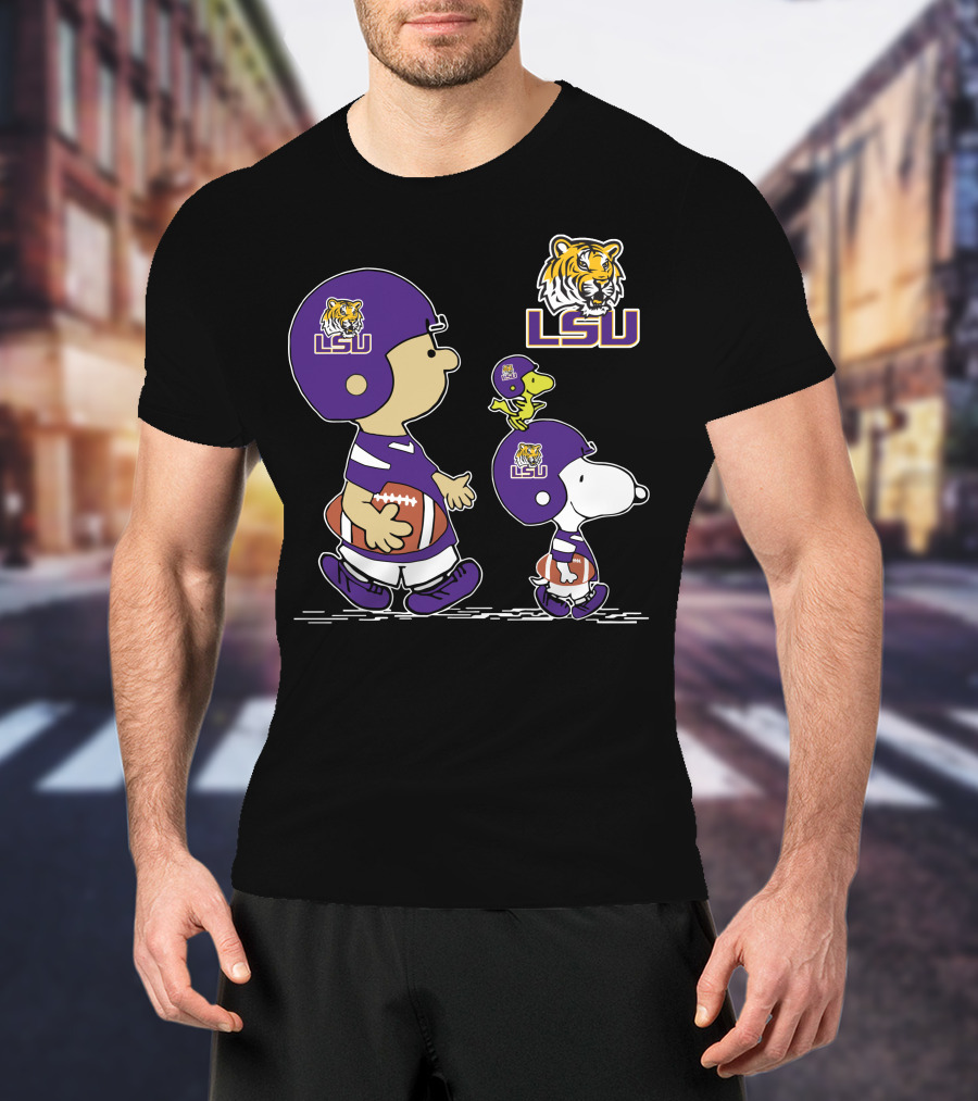 Peanuts Characters In LSU Tigers Football Gear With Helmet And Football T-Shirt