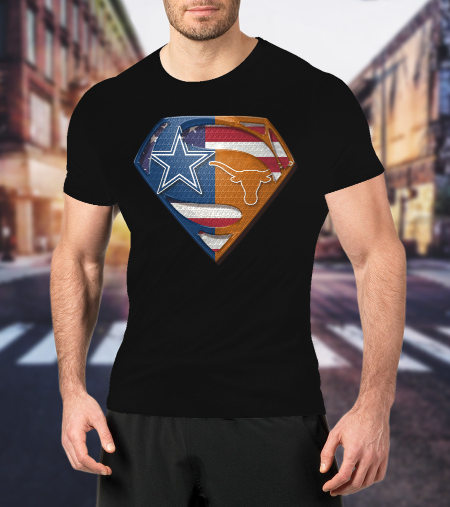 Dallas Cowboys Texas Longhorns Superman Shield American Flag Blend T-Shirt