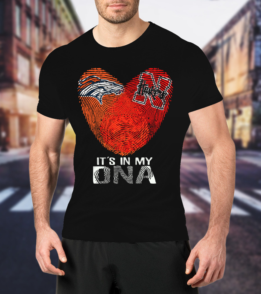 Denver Broncos Nebraska Cornhuskers Heart Thumbprint It's In My DNA T-Shirt