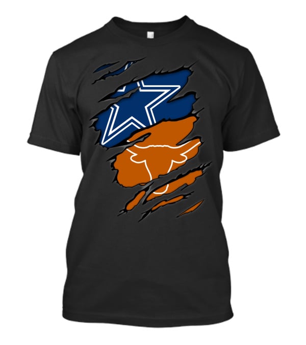 Cowboys Star And Texas Longhorns Logo Peeking Through Ripped T-Shirt