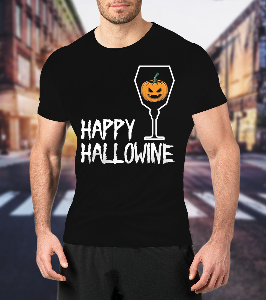 Happy Hallowine Jack-o'-Lantern Wine Glass Halloween Drinking Lover T-Shirt