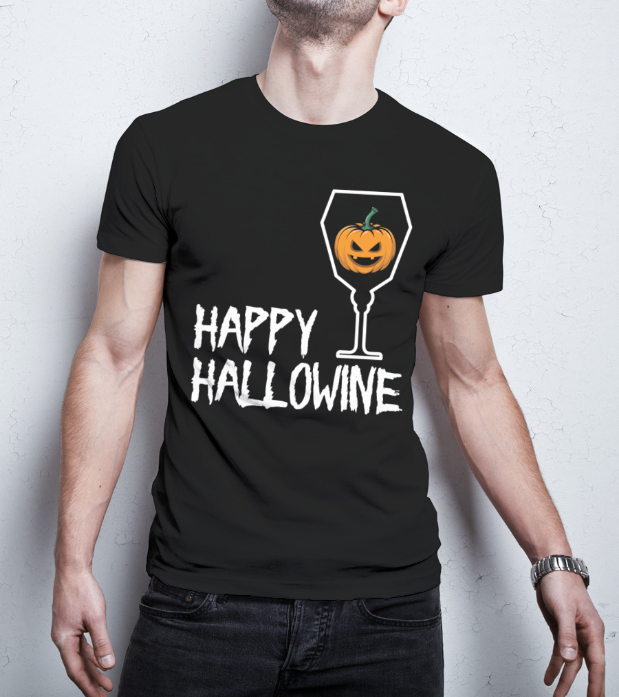 Happy Hallowine Jack-o'-Lantern Wine Glass Halloween Drinking Lover T-Shirt