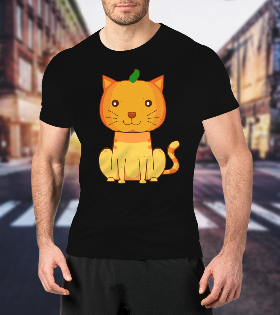 Halloween Pumpkin Cat Face And Striped Tail Whiskers T-Shirt