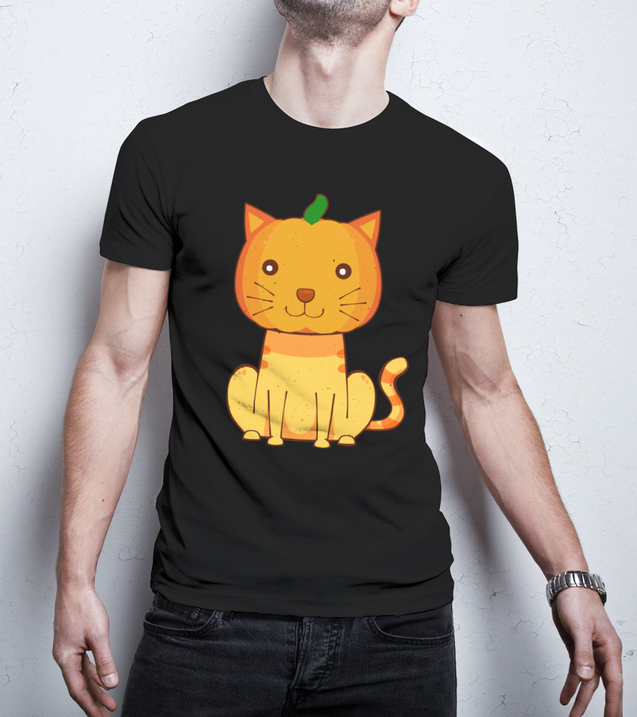 Halloween Pumpkin Cat Face And Striped Tail Whiskers T-Shirt