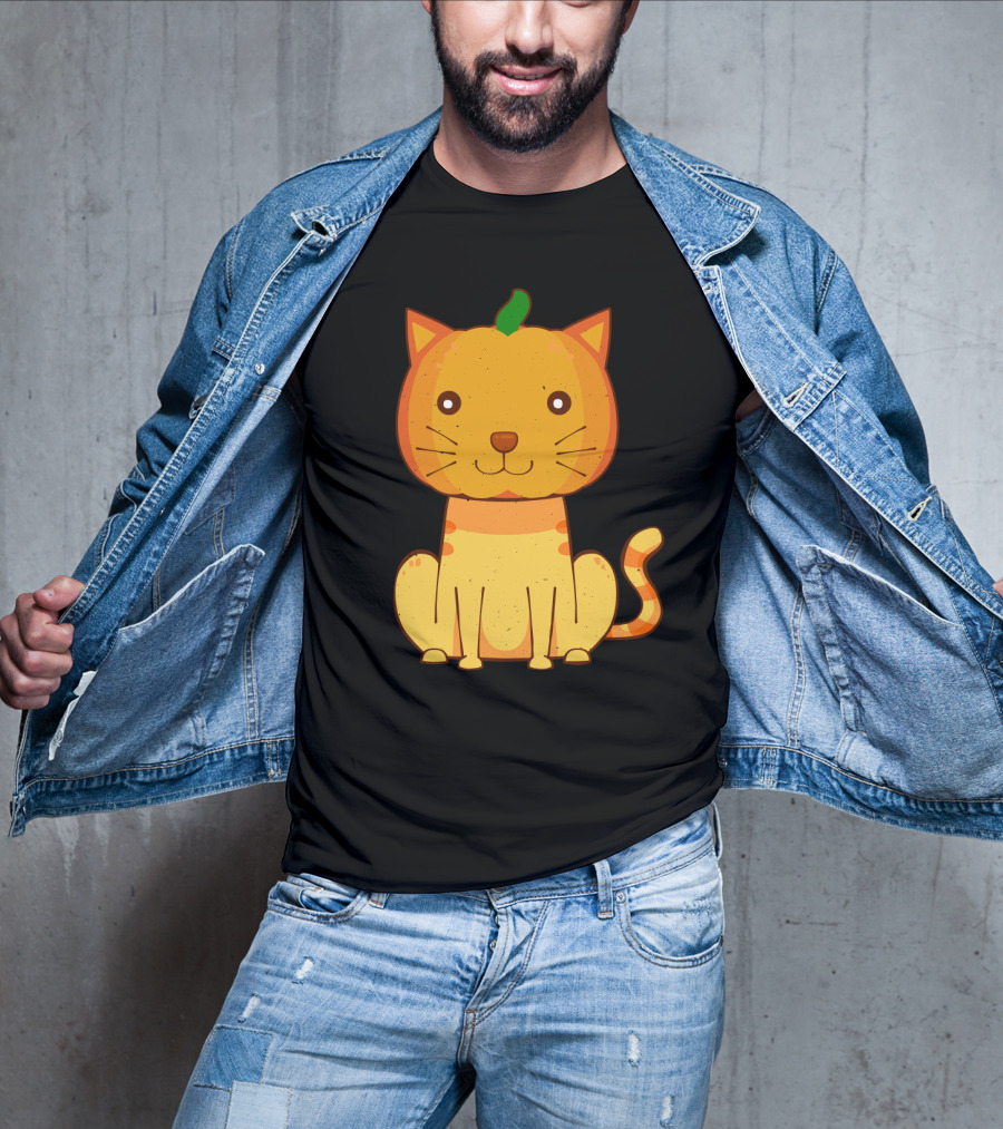 Halloween Pumpkin Cat Face And Striped Tail Whiskers T-Shirt