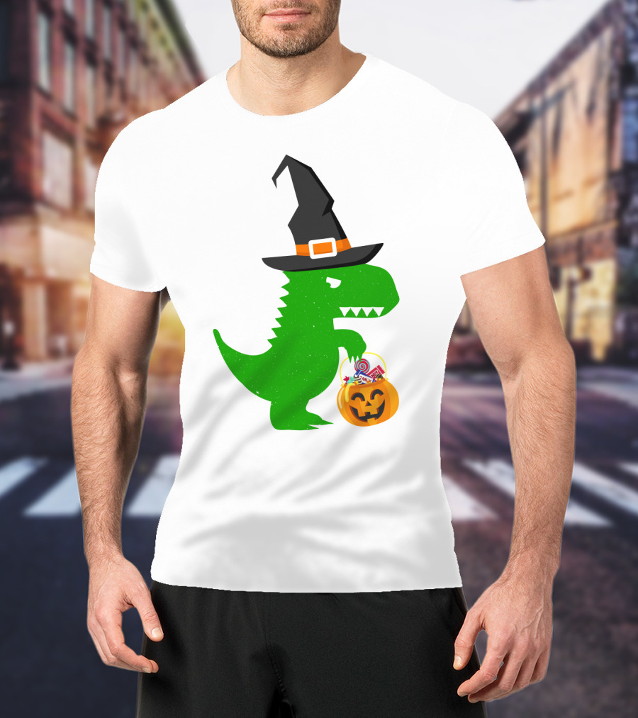 Witch Hat Dinosaur With Pumpkin Candy Bucket Halloween T-Shirt