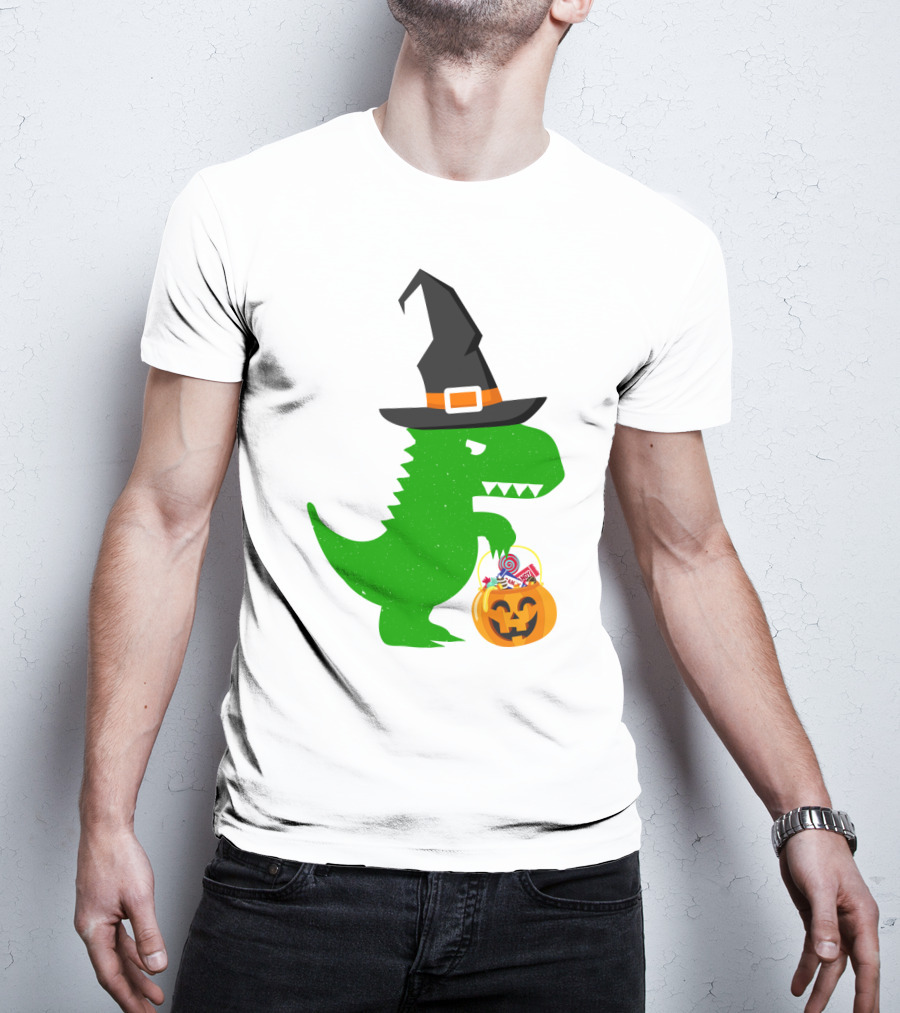 Witch Hat Dinosaur With Pumpkin Candy Bucket Halloween T-Shirt