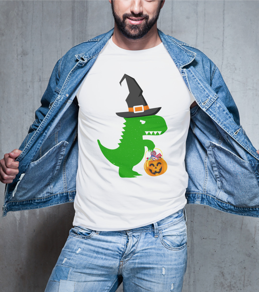 Witch Hat Dinosaur With Pumpkin Candy Bucket Halloween T-Shirt
