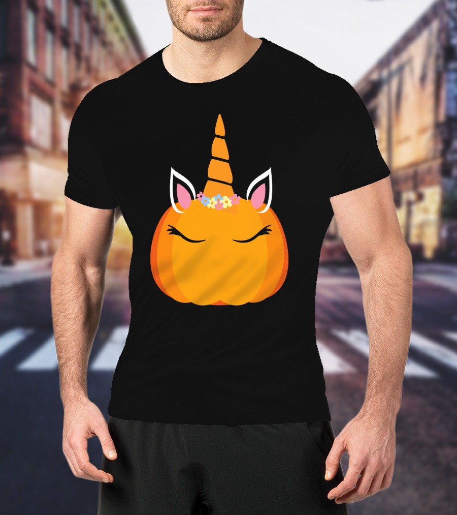 Unicorn Pumpkin With Floral Crown And Sleepy Eyes T-Shirt